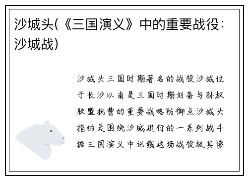 沙城头(《三国演义》中的重要战役：沙城战)